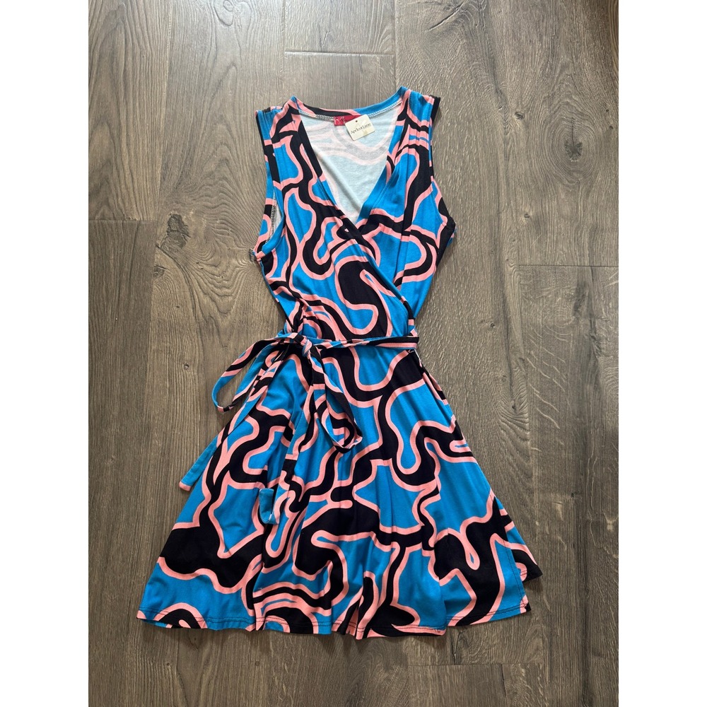 Hourglass Lilly Apricot Lane Faux Wrap Dress S Blue Pink Abstract Swirl NWT
